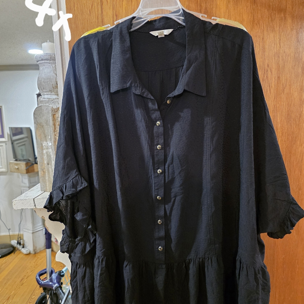 Terra & Sky Black Button-Front Ruffle Sleeve Peasant Blouse